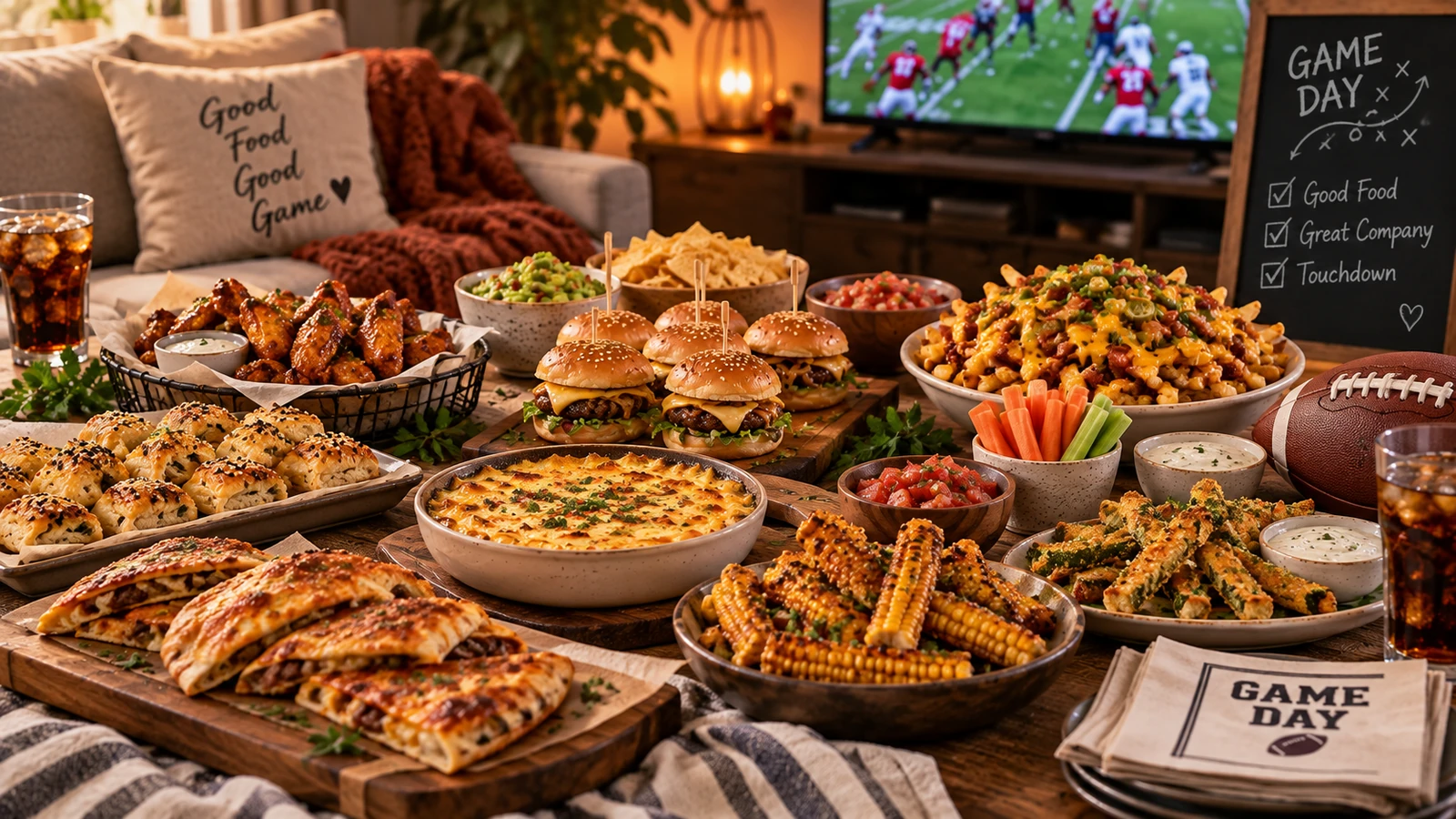 Easy game day food spread with cheesy dips, loaded fries, sliders, crispy snacks and shareable football party appetizers