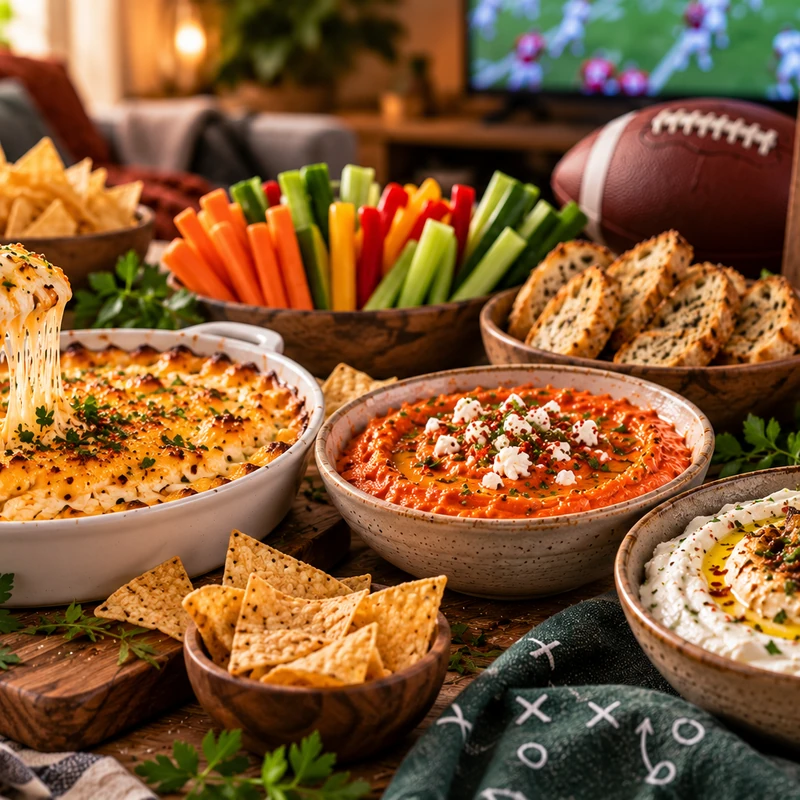 Easy game day food spread with cheesy dips, loaded fries, sliders, crispy snacks and shareable football party appetizers