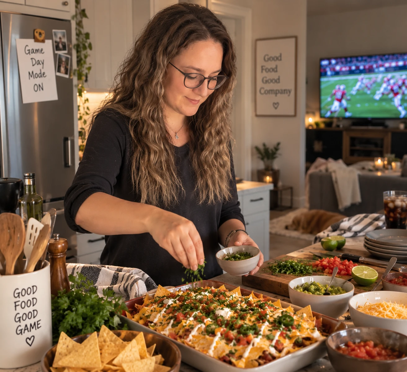 Nihan preparing homemade game day nachos in her kitchen for a football night