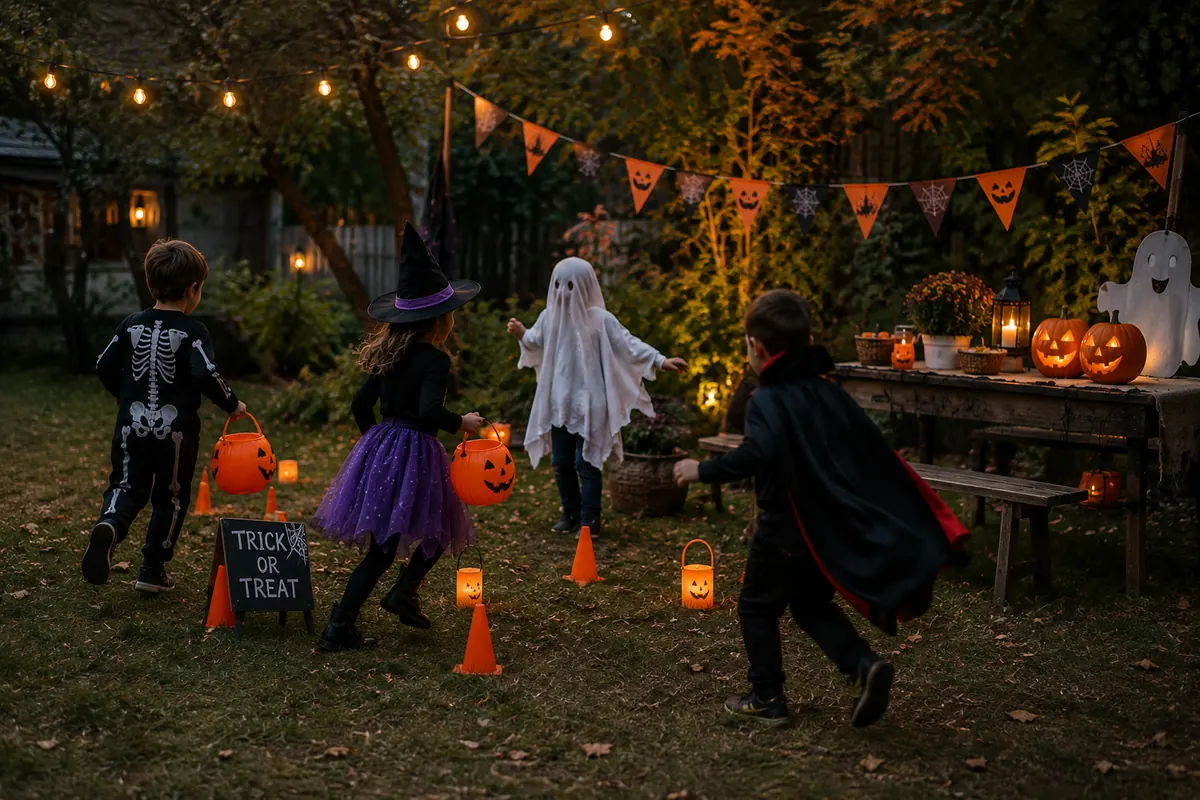 Children in Halloween costumes playing games at a cozy outdoor Halloween party