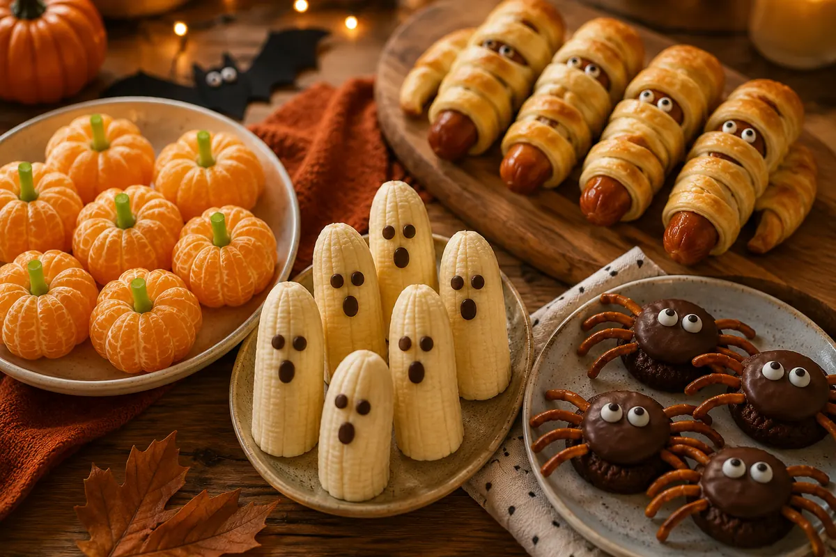 Kid-friendly Halloween treats with banana ghosts, tangerine pumpkins, mummy sausage rolls and spider cookies