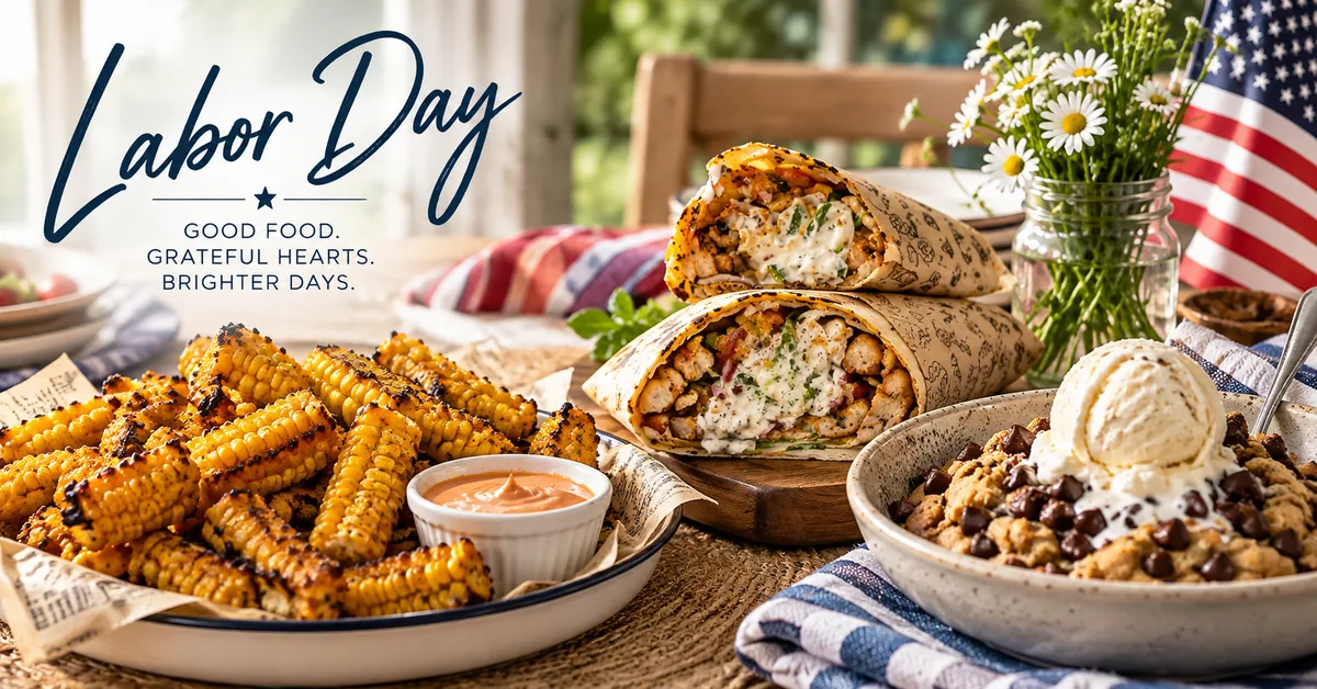 Labor Day table with corn ribs, chicken wraps, and chocolate chip cookies with ice cream