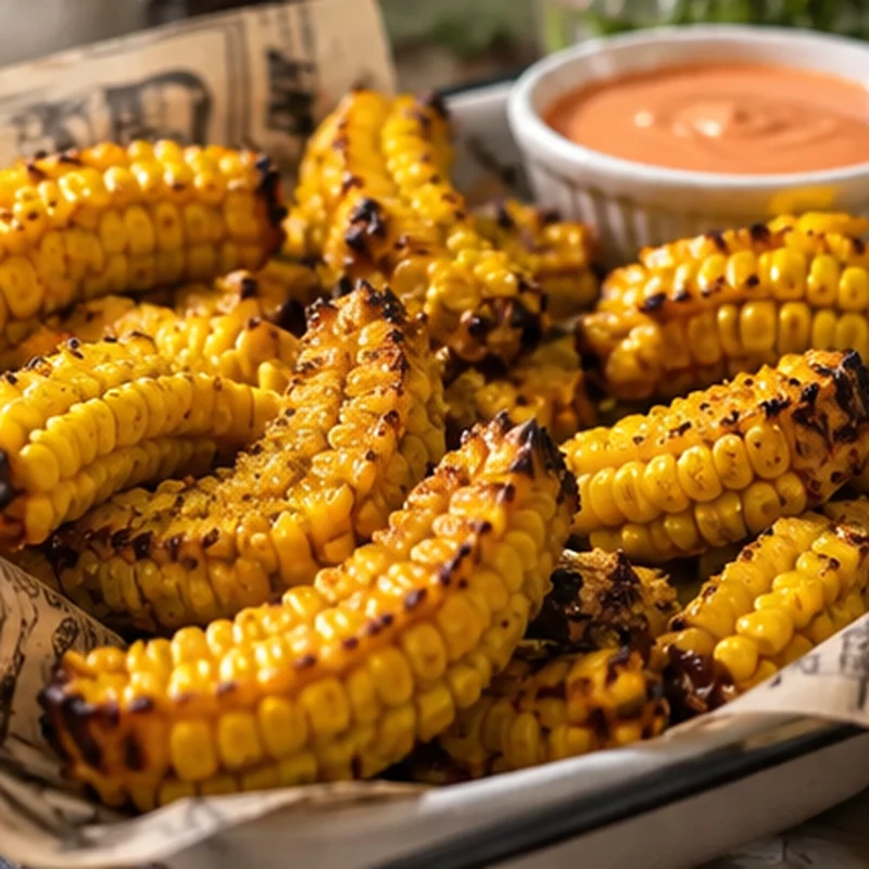 Oven roasted corn ribs served with a creamy dipping sauce