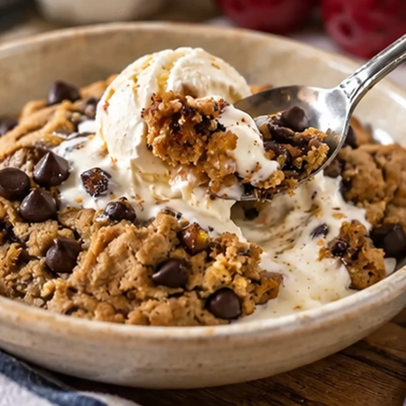 Warm chocolate chip cookies served with vanilla ice cream