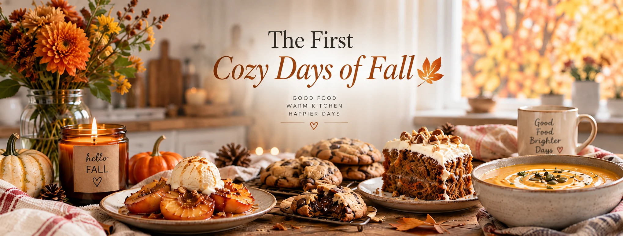 Cozy fall recipes with caramelized peaches, chocolate chip cookies, carrot cake and pumpkin soup