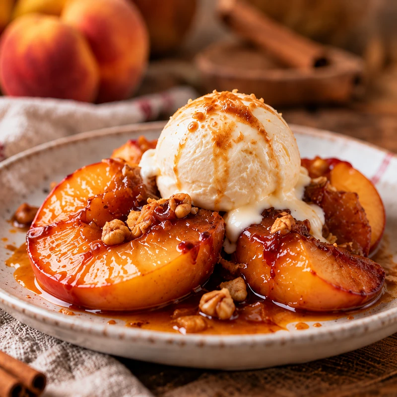 Caramelized peaches with vanilla ice cream for a cozy fall dessert