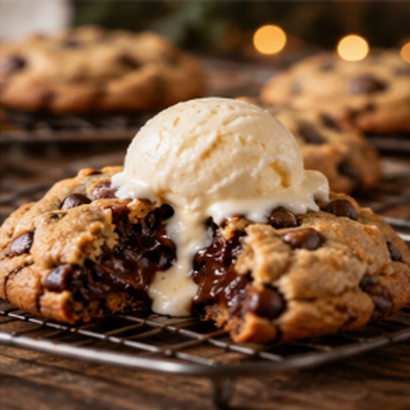 Warm chocolate chip cookie with melting vanilla ice cream for a cozy fall dessert